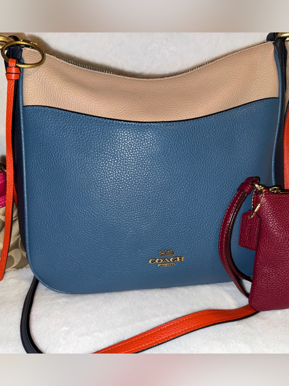 Coach Colorblock Pebbled Leather Crossbody - Blue, Cream & Orange